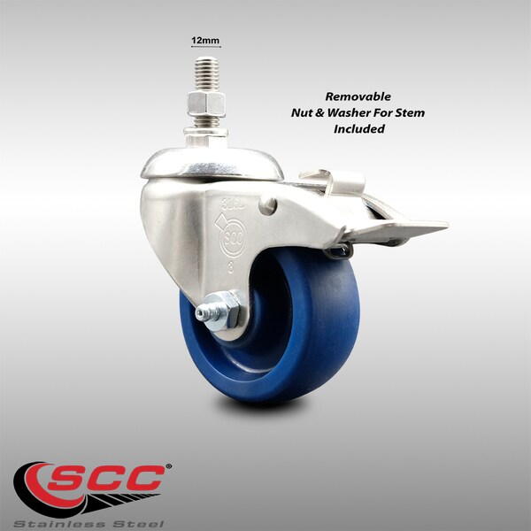 Service Caster 3.5 Inch 316SS Solid Polyurethane Swivel 12mm Stem Caster Total Lock Brake SCC-SS316TSTTL20S3514-SPUS-M1215 - main